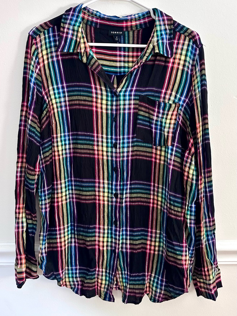 Torrid 2 Rainbow Plaid Button Down Shirt Long Sleeve Crinkle Gauze Tunic